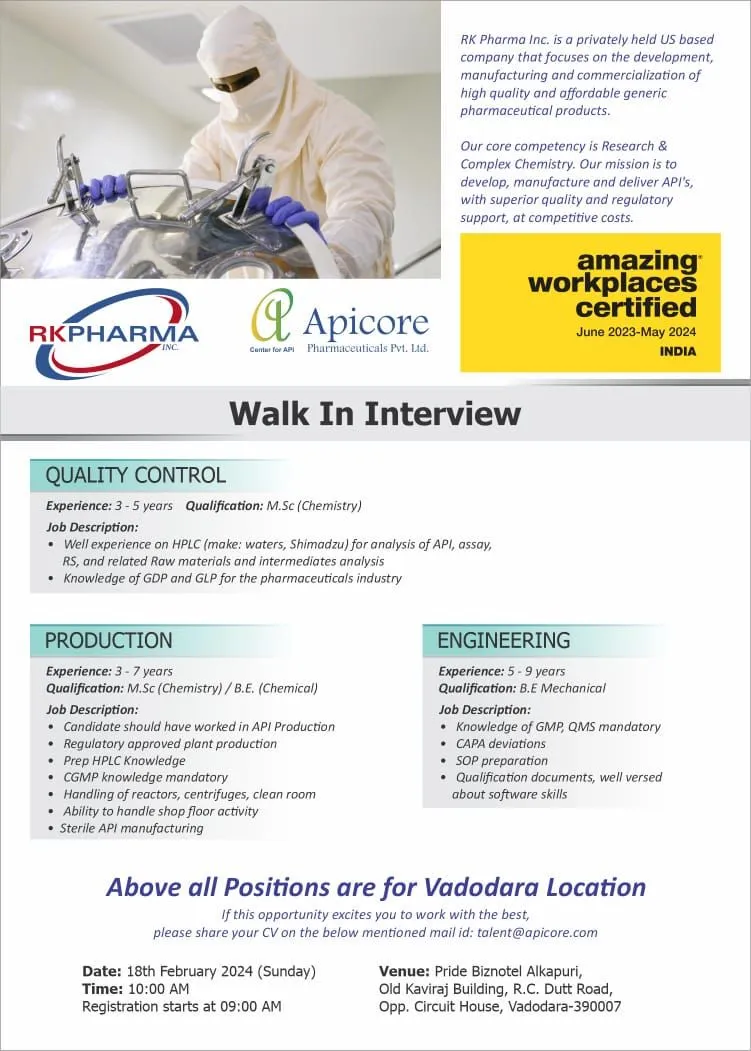 Apicore Pharmaceuticals (RK Pharma) - Walk-In Interviews for Multiple Positions on 18th Feb 2024